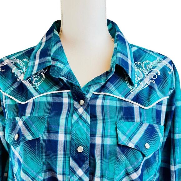 CUMBERLAND Green Blue Country Western Shirt 1X‎ Pearl Snap Long Sleeve Riding - Picture 4 of 14